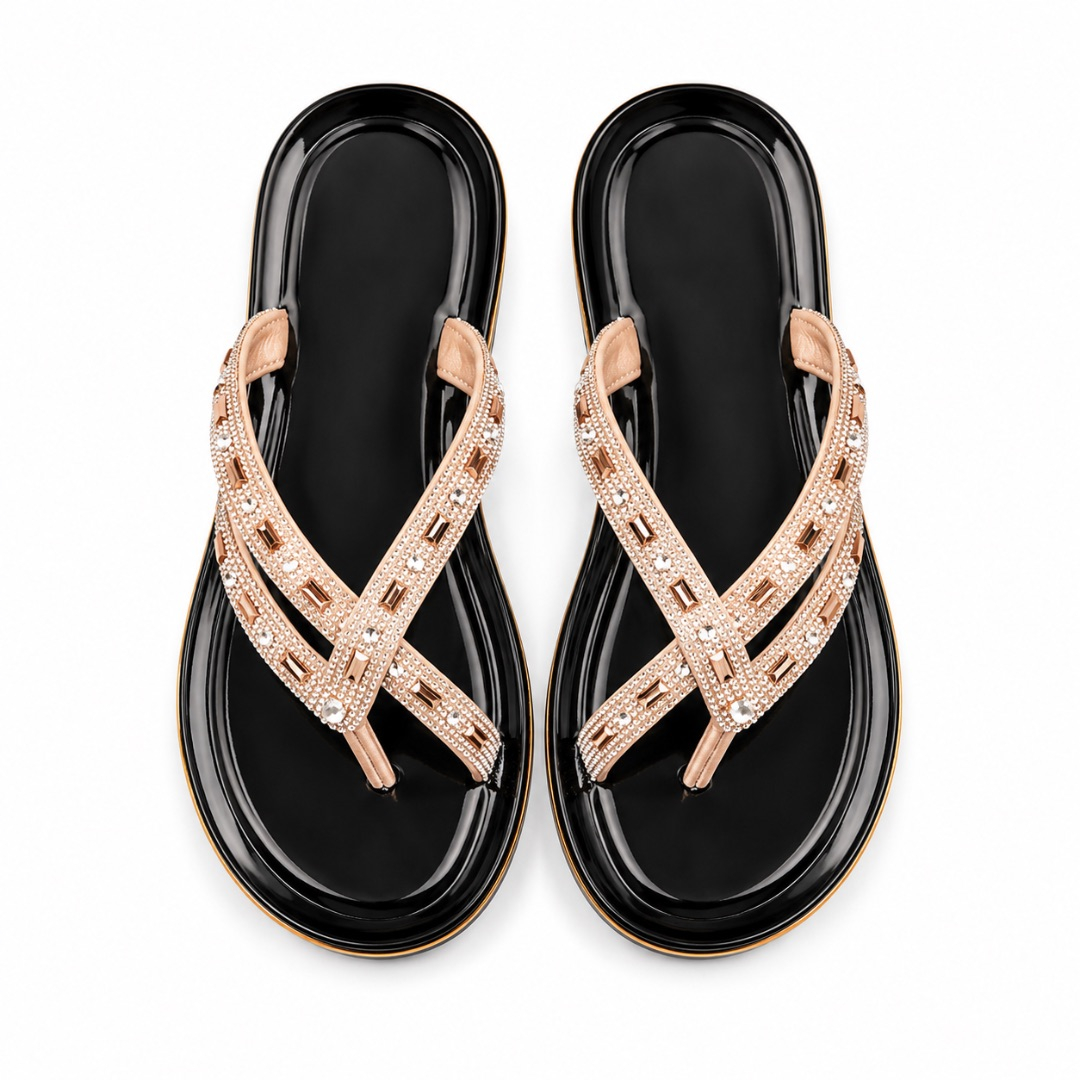 Womens Black and Rose Gold Rhinestone Toe Post Sandals