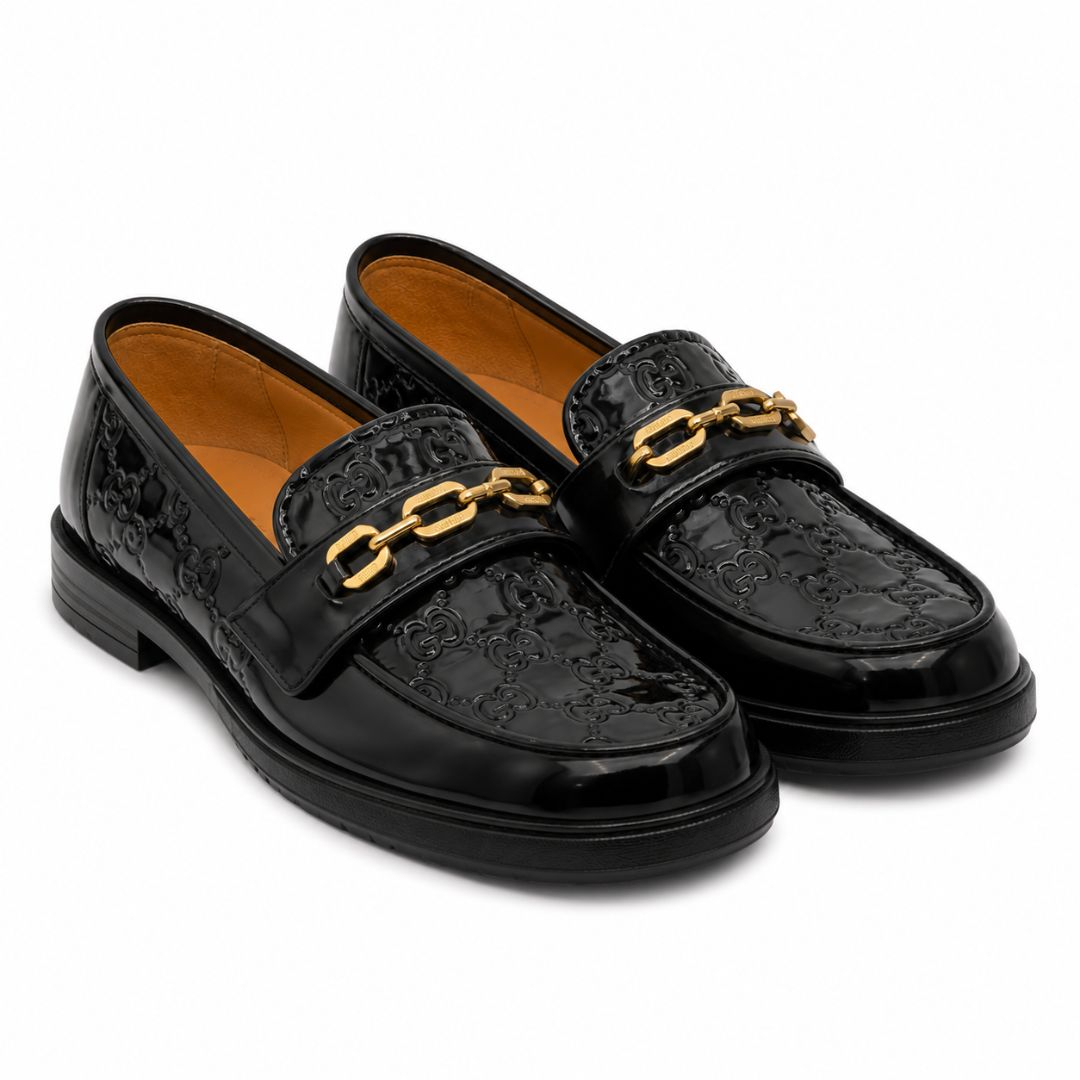 Embossed Patent Leather Loafers with Gold Bit