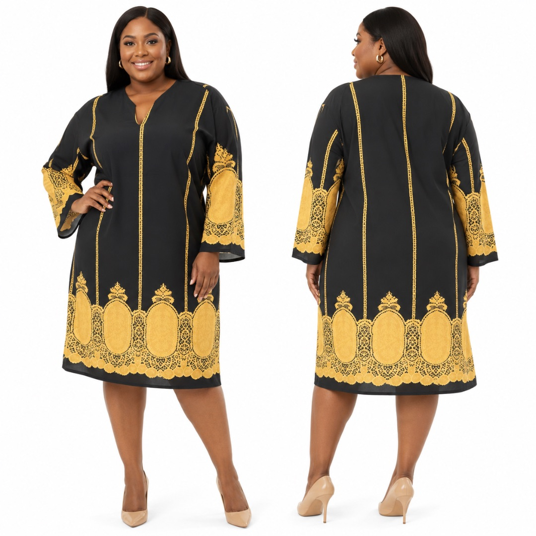 Womens Black and Gold Embroidered Kaftan Dress
