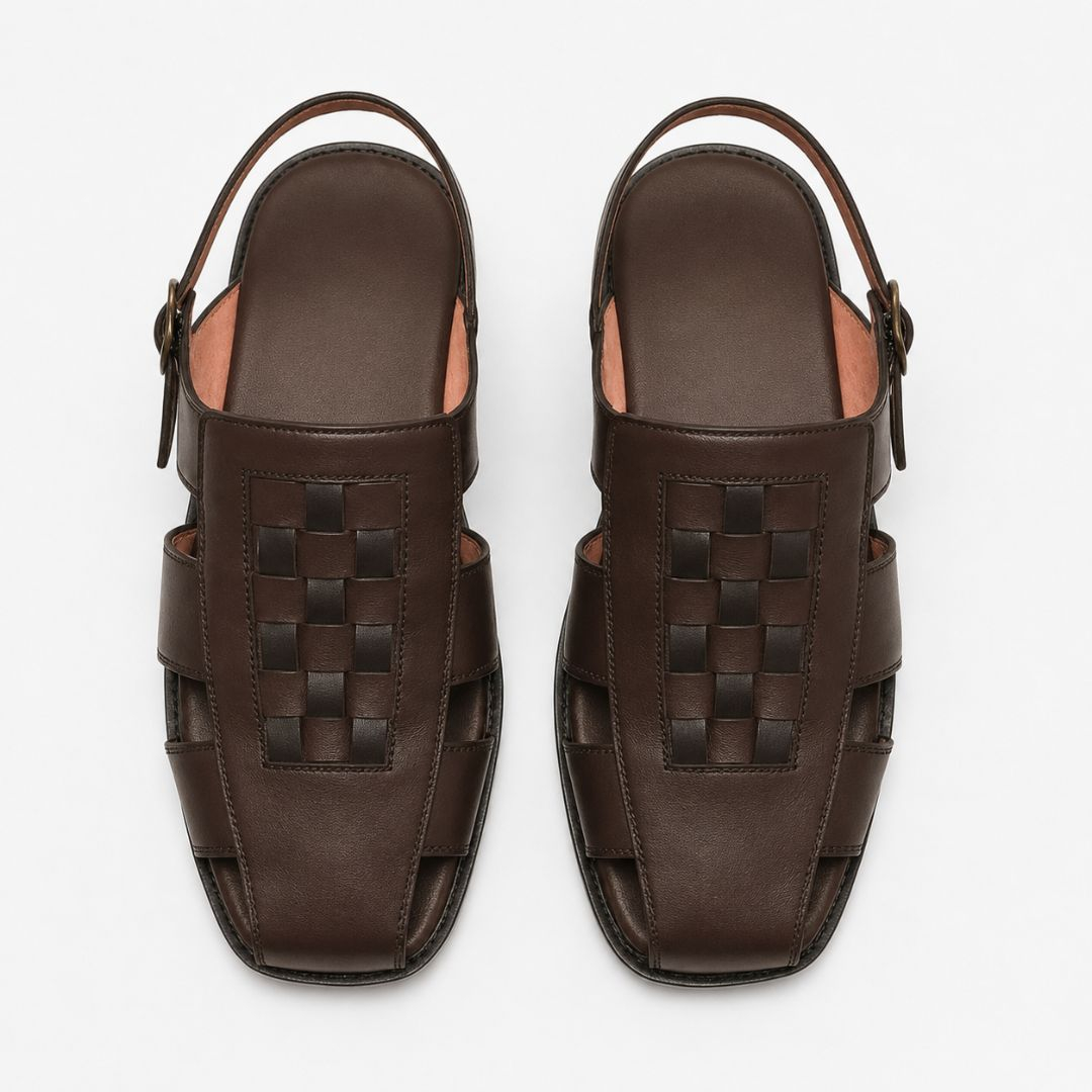 Men Brown Leather Woven Fisherman Sandals with Ankle Strap