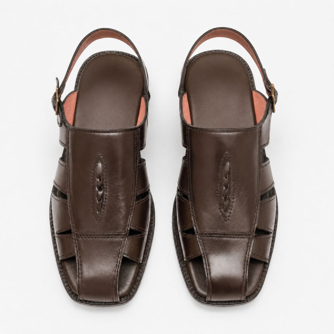 Classic Brown Leather Hand Stitched Men Closed Toe Sandals