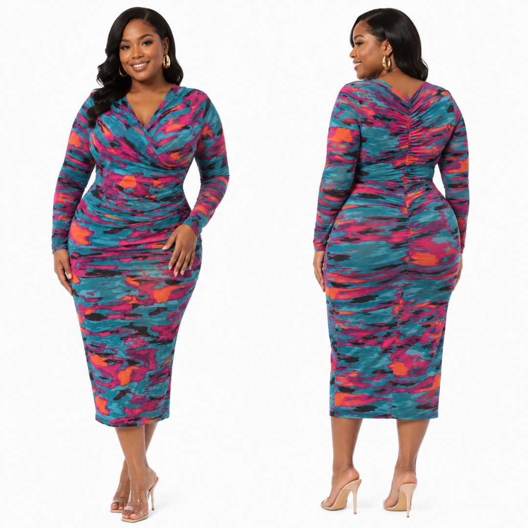 Womens Plus Size Multicolor Bodycon Midi Dress