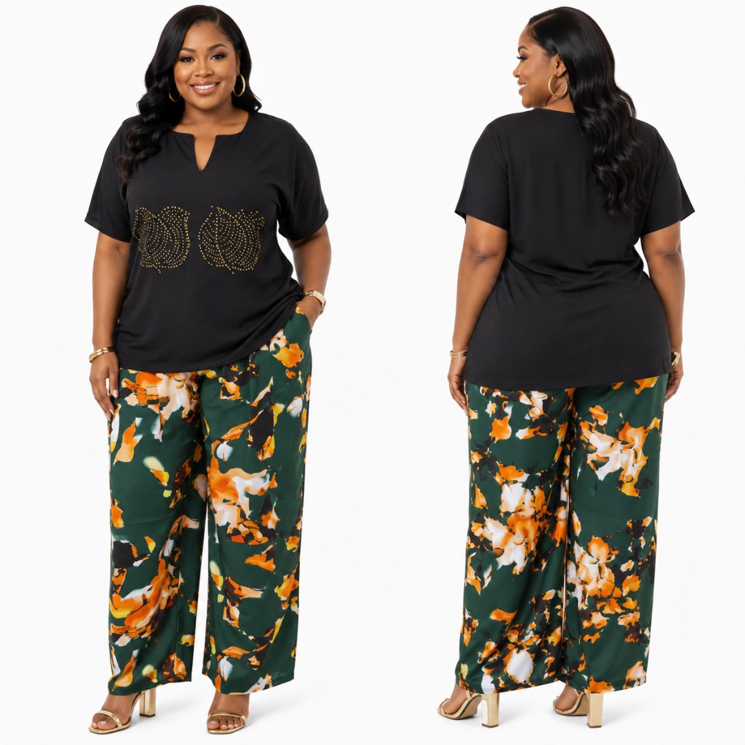 Womens Plus Size Black Top and Printed Palazzo Trouser Set