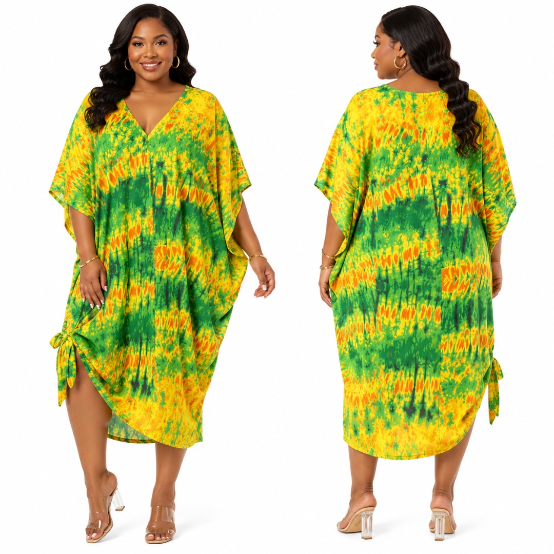 Womens Plus Size Green and Yellow Tie Dye Kaftan Midi Dress