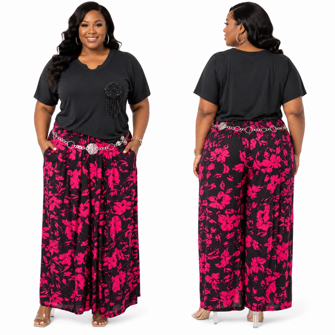Womens Plus Size Floral Palazzo Pants and Black Top Set