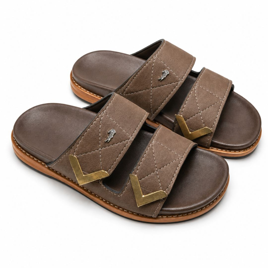 Classic Men Brown Dual Strap Leather Slide Sandals with Gold Accents