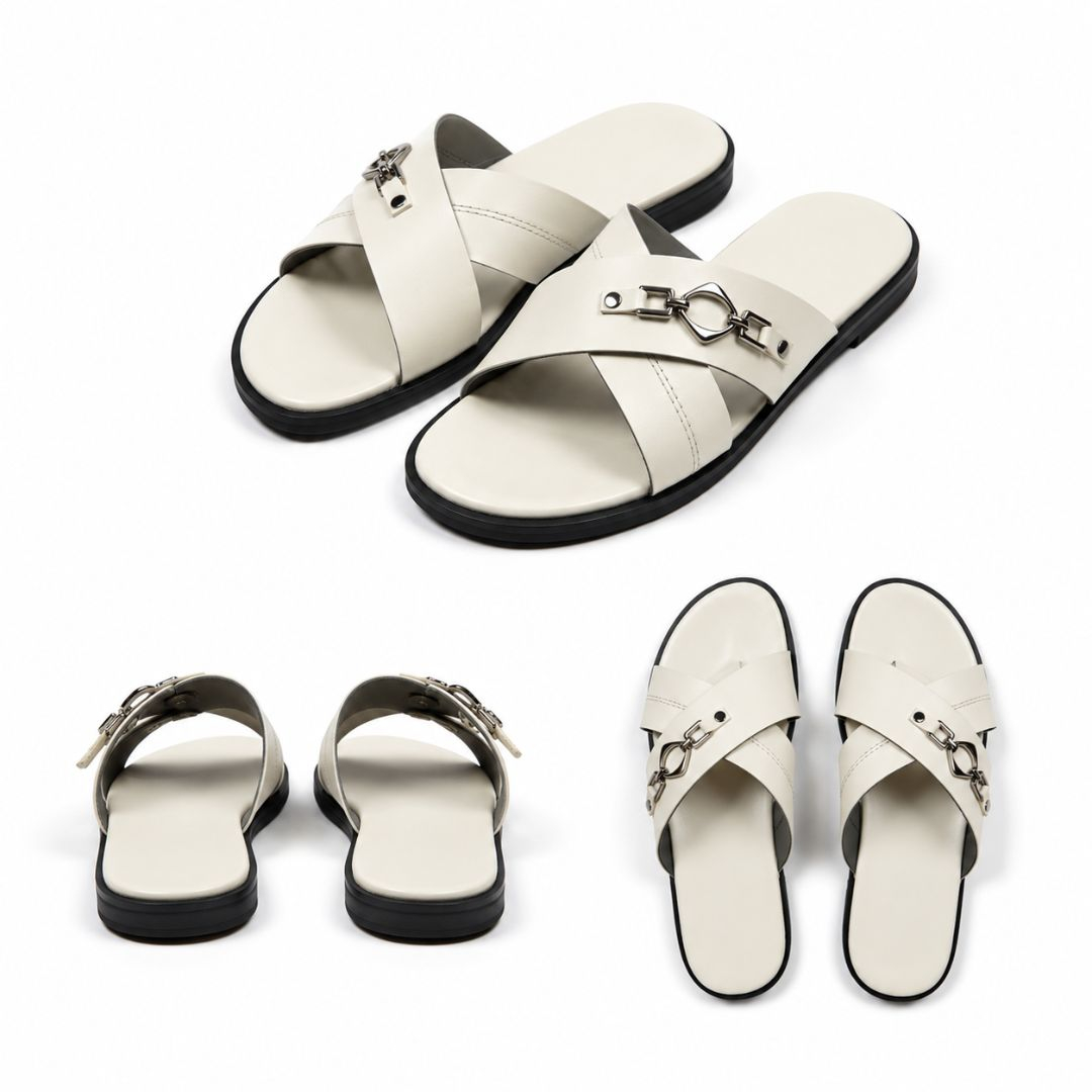 Mens White Leather Sandals with Metal Accent