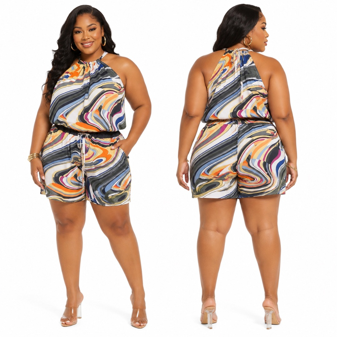 Womens Plus Size Abstract Print Sleeveless Romper