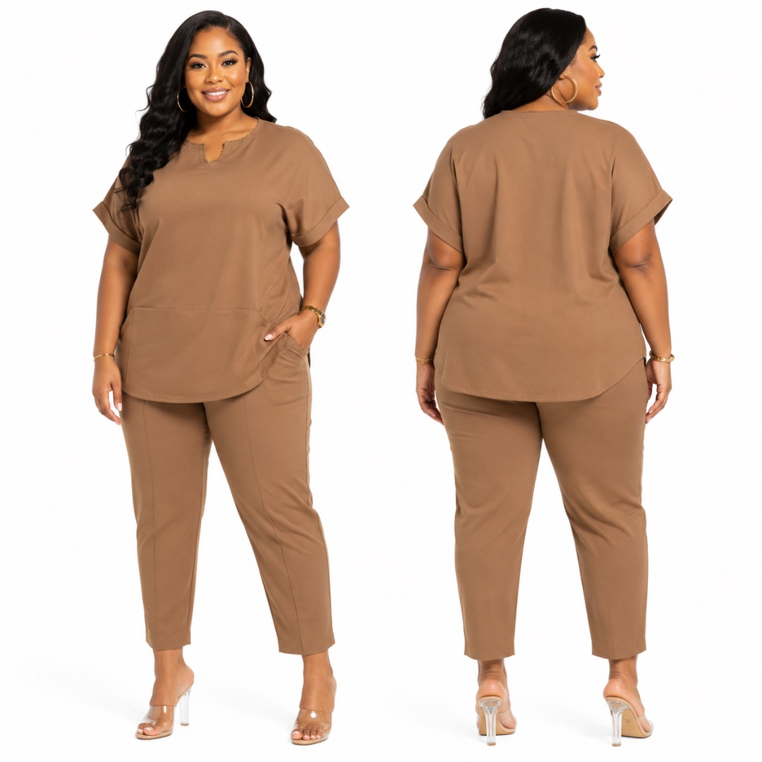 Womens Plus Size Solid Brown Two Piece Lounge Set