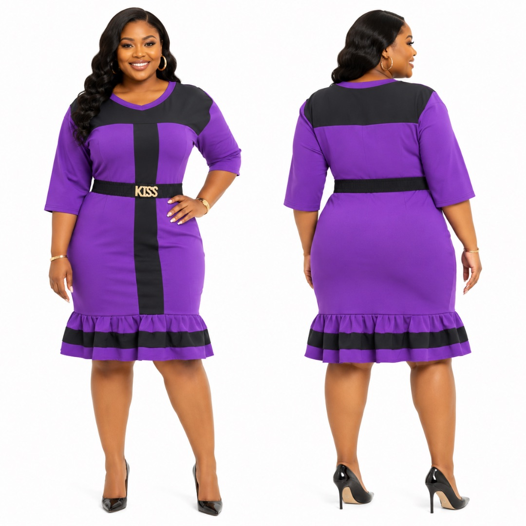 Womens  Plus Size Purple Color Block Ruffle Hem Midi Dress
