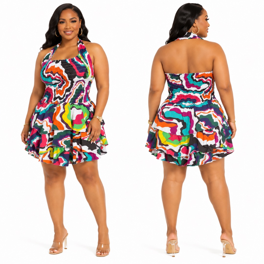 Womens  Abstract Print Smocked Halter Mini Dress