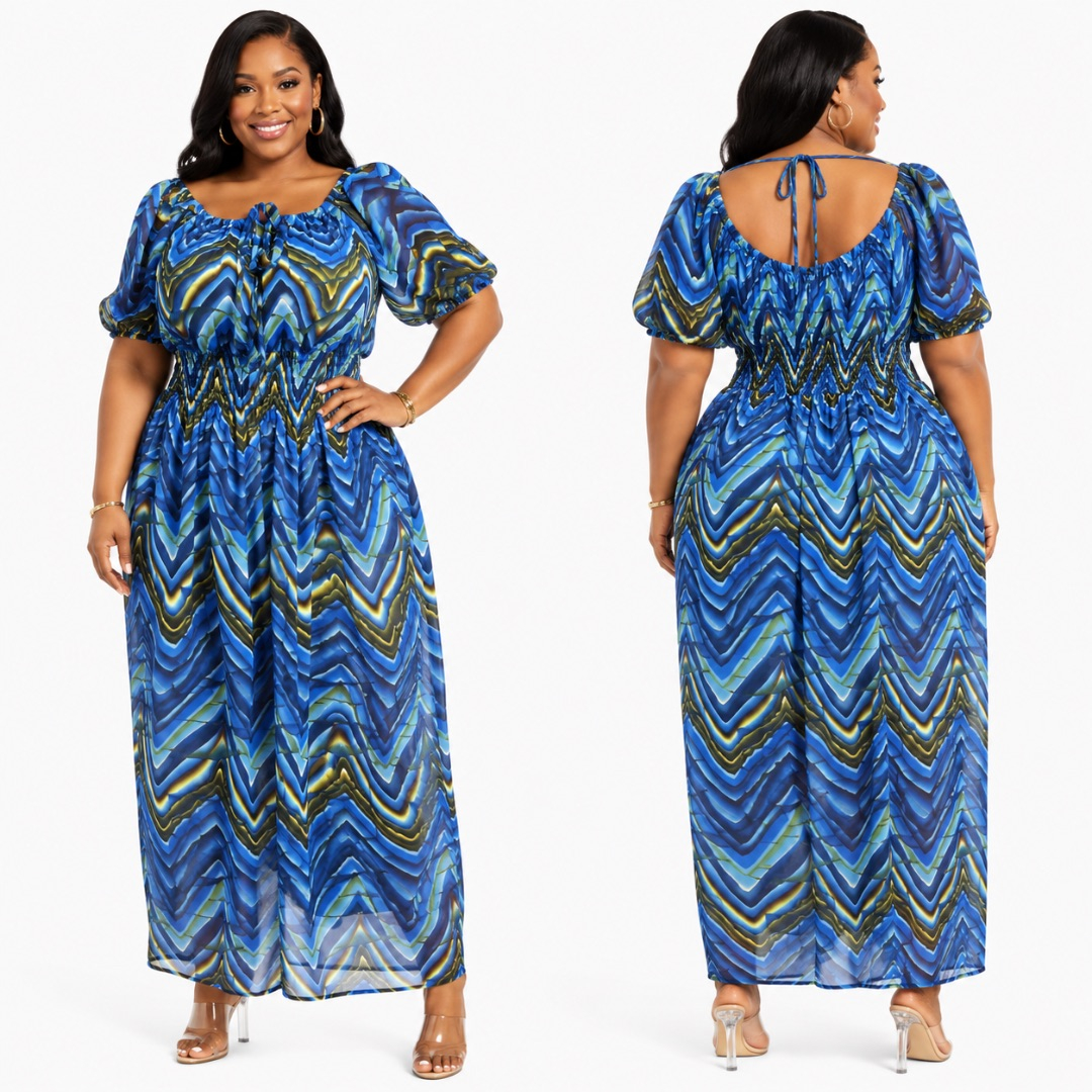 Womens  Blue Abstract Print Smocked Midi Dress