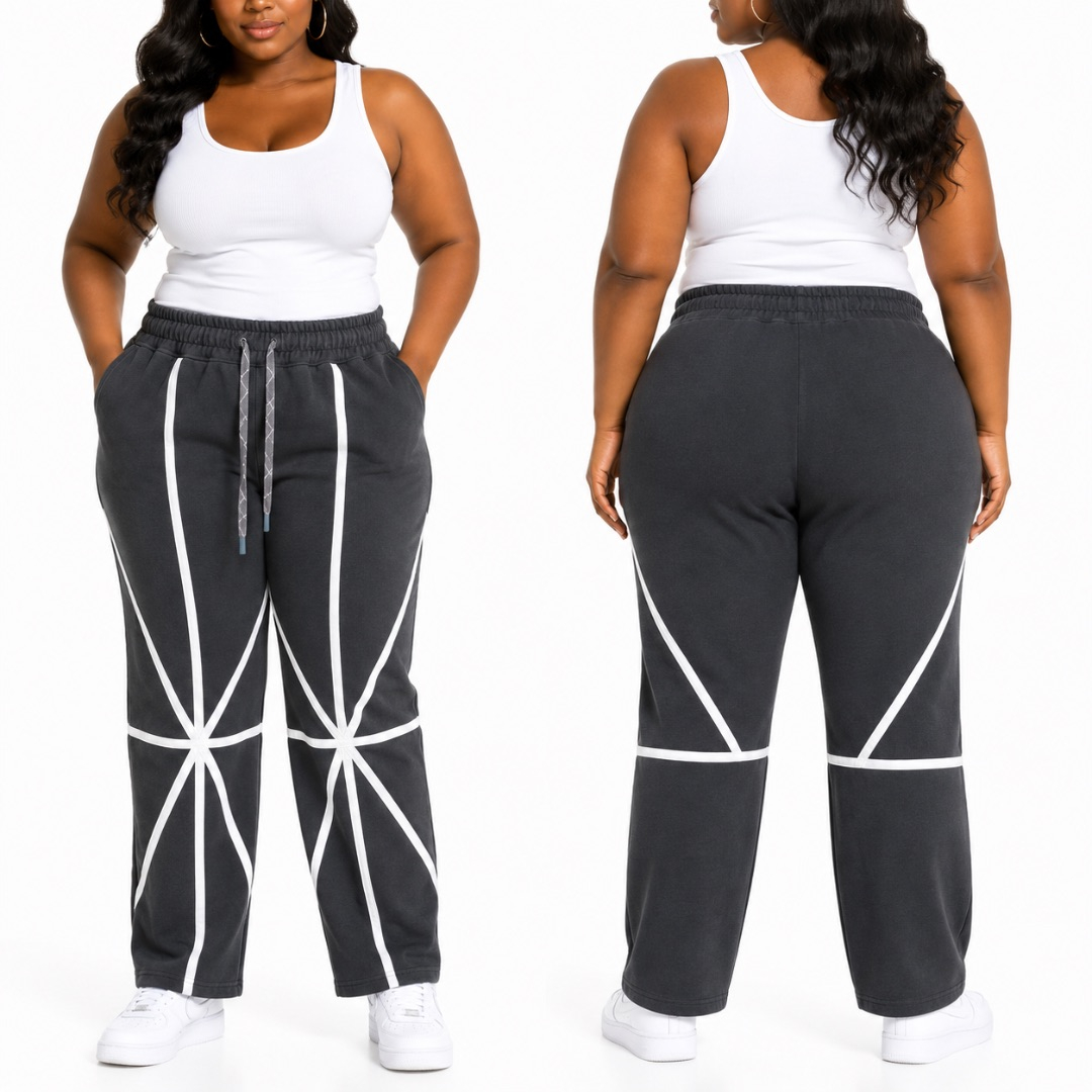 Unisex Black Geometric Line Print Casual Sweatpants