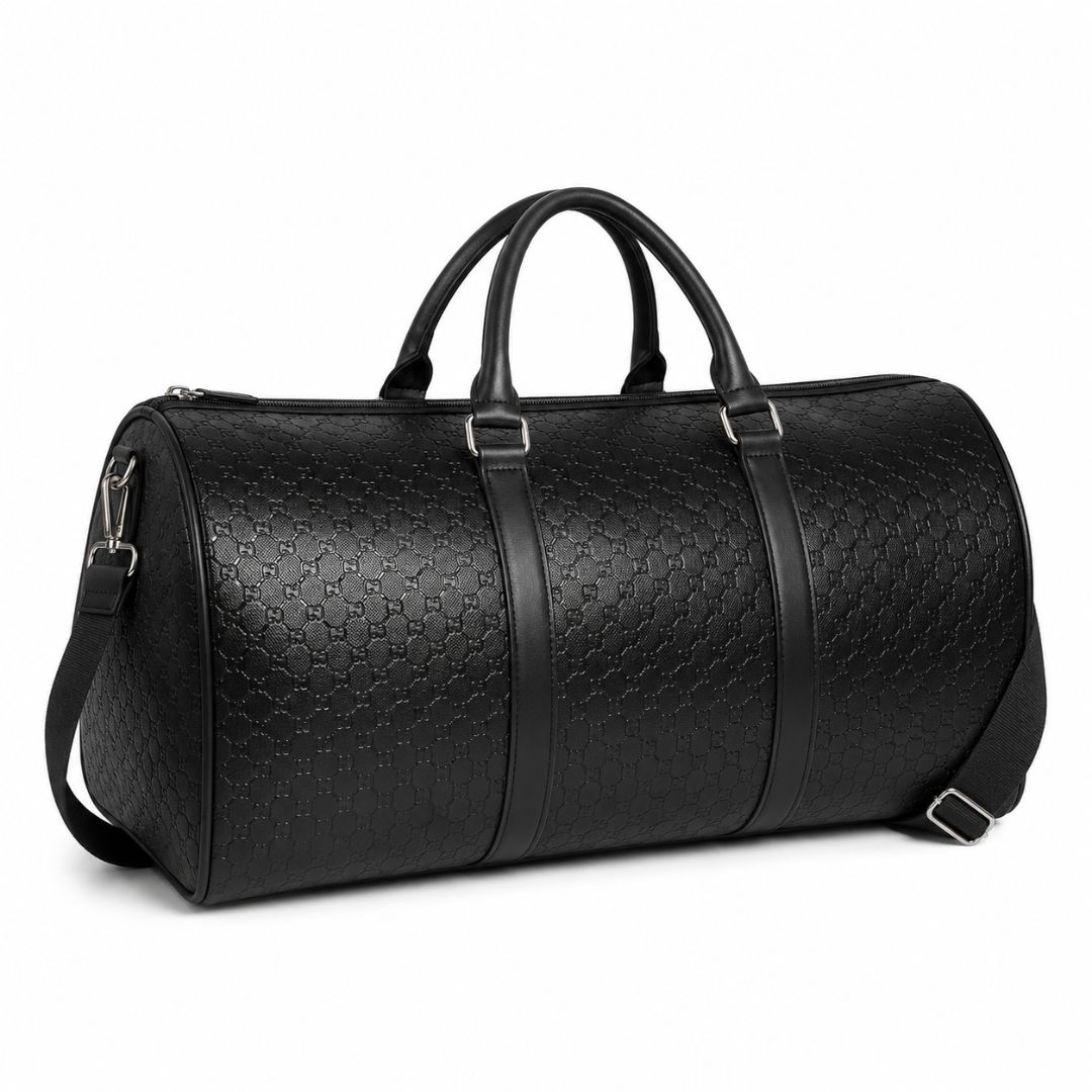 Black Patterned Duffel Bag with Shoulder Strap