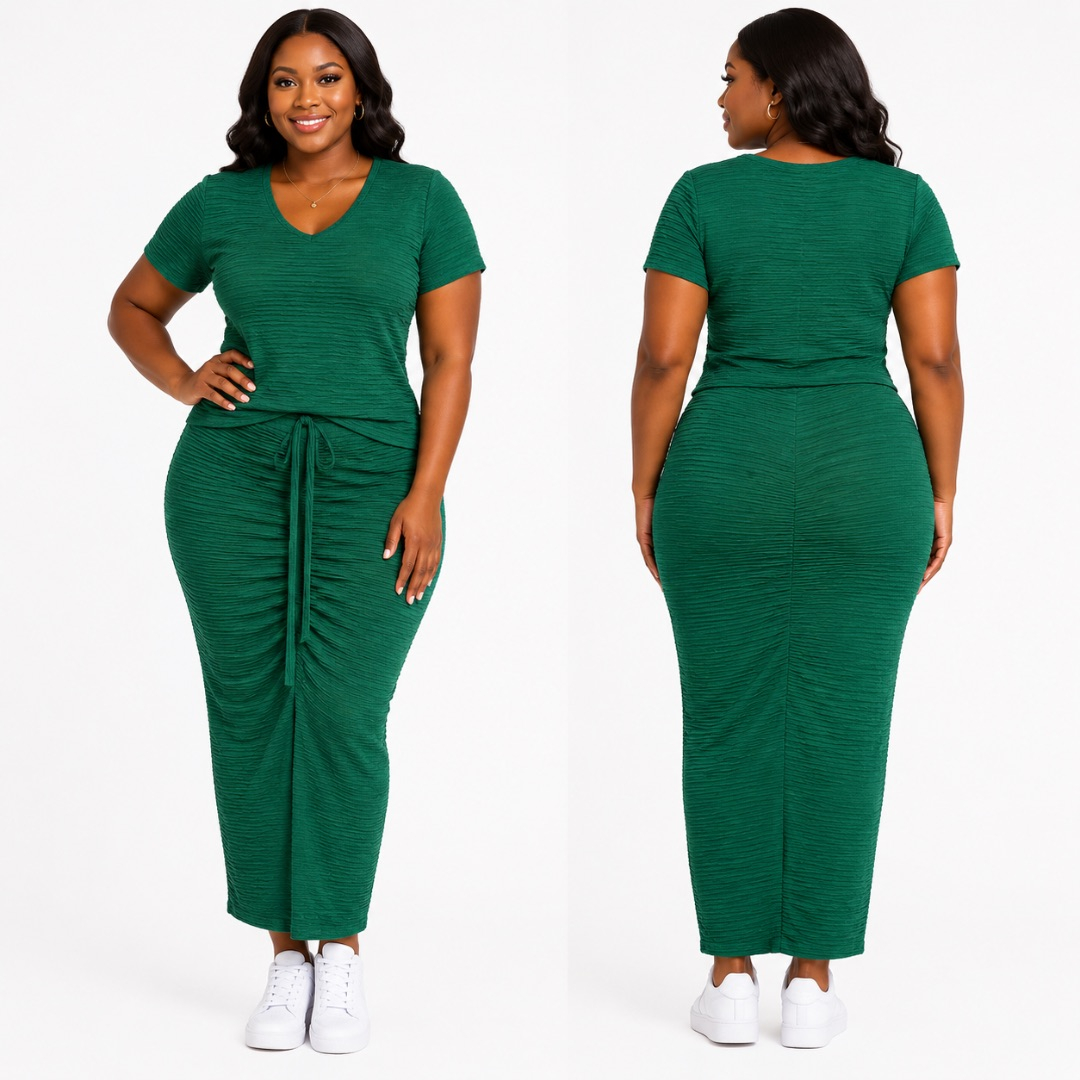 Womens  Textured Emerald Green Ruched Midi Dress