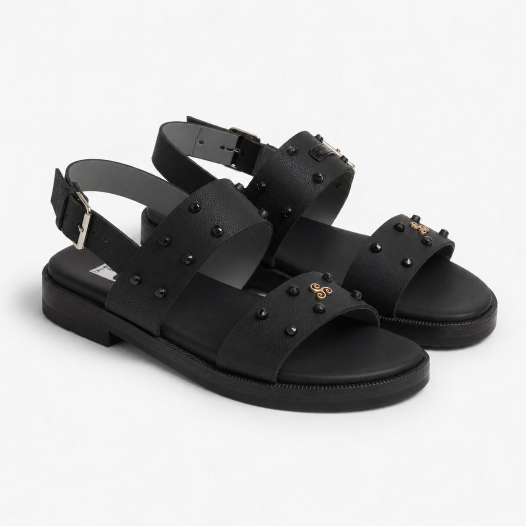 Urban Black Studded Leather Slingback Sandals