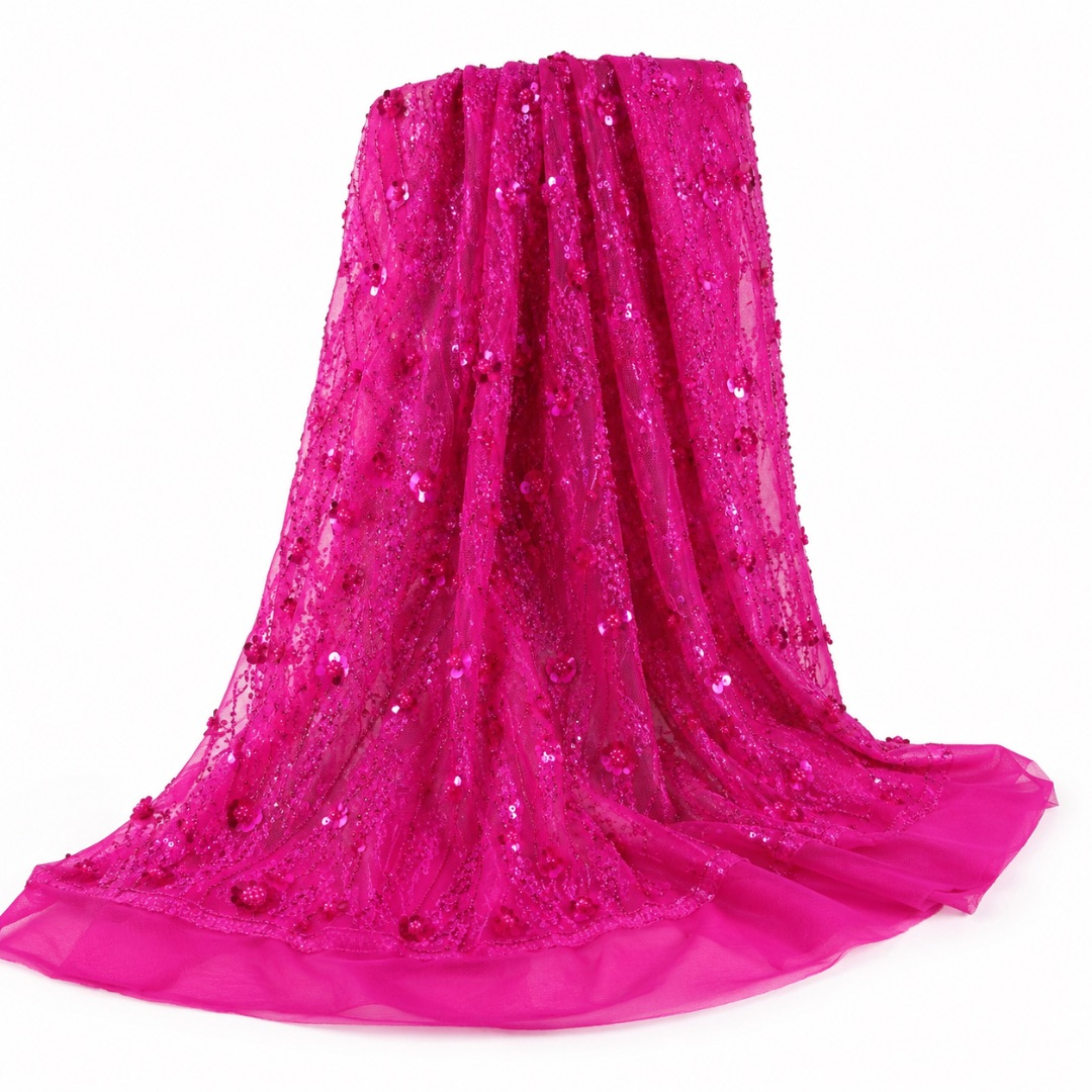 Pink Embroidered Lace Fabric with Sequins