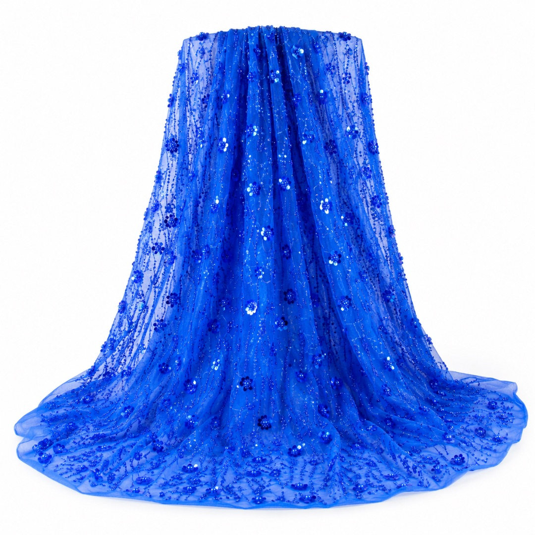 Royal Blue Floral Sequin Mesh Lace Fabric
