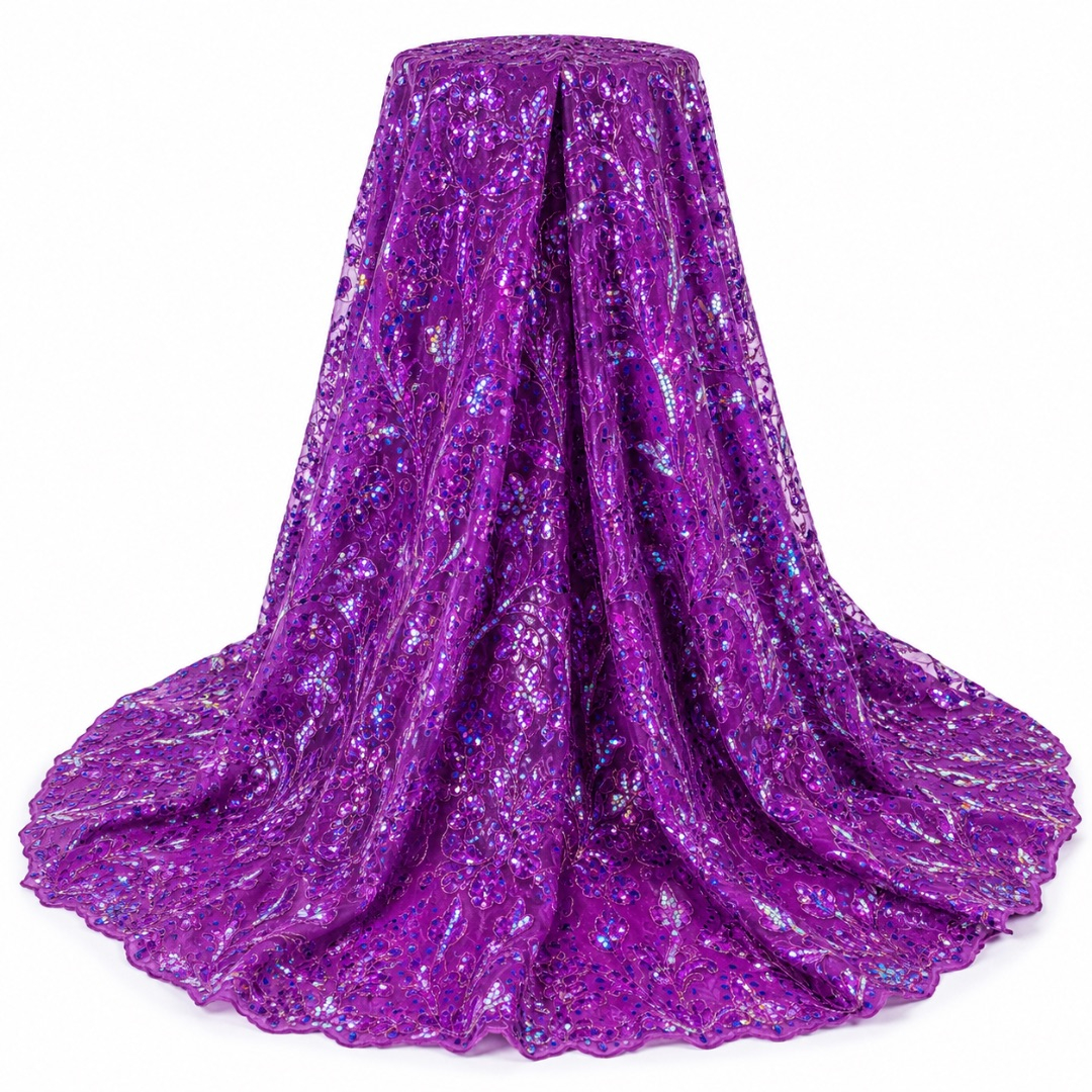 Luxury Violet Purple Iridescent Sequin Lace Fabric