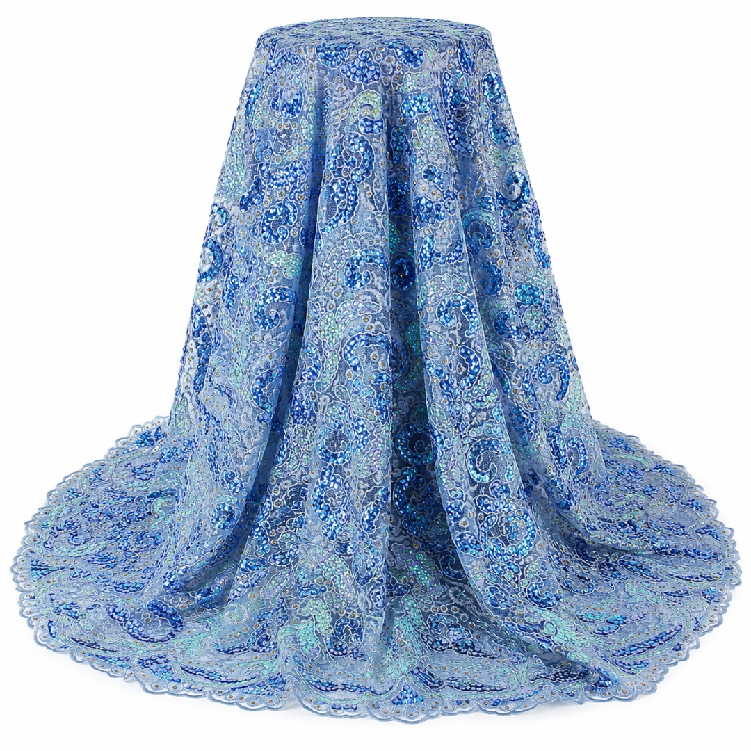 Luxury Sky Blue Paisley Sequin Lace Fabric