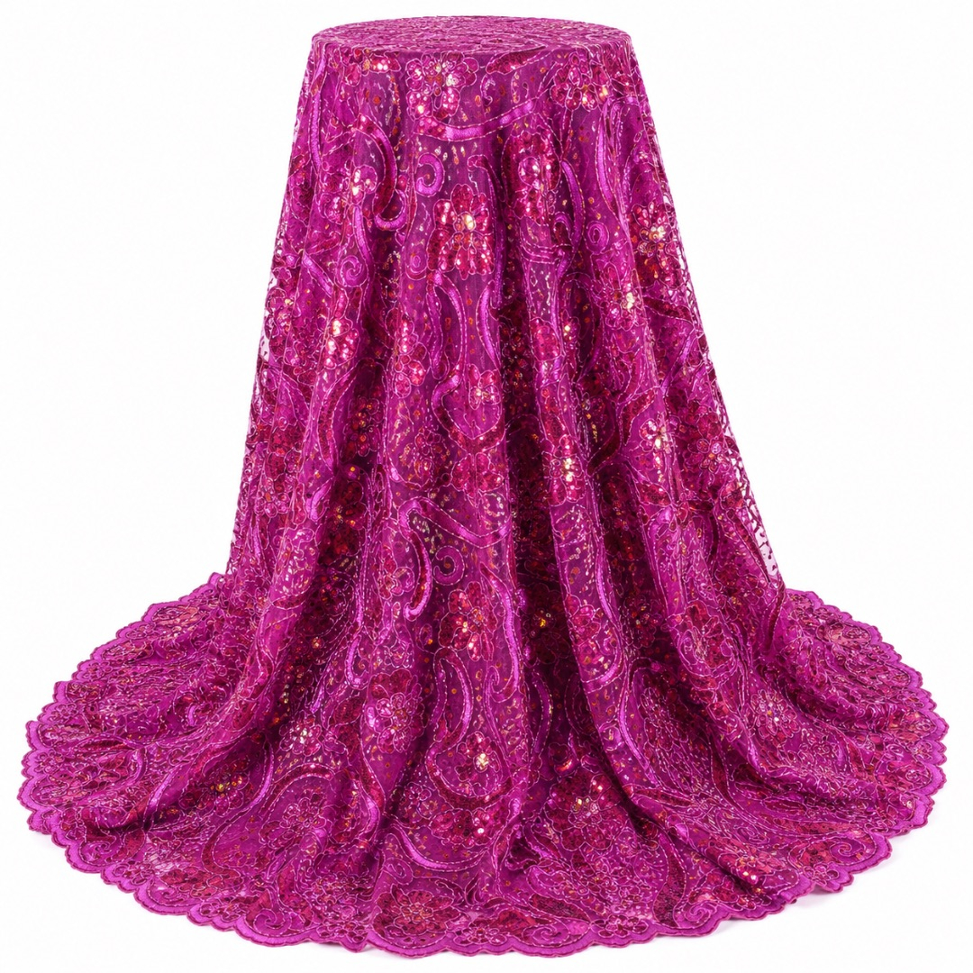 Luxury Fuchsia Pink Paisley Sequin Lace Fabric