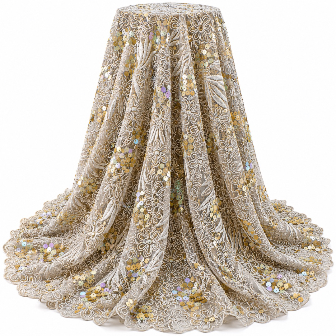 Luxury Champagne Gold Floral Embroidered Lace Fabric