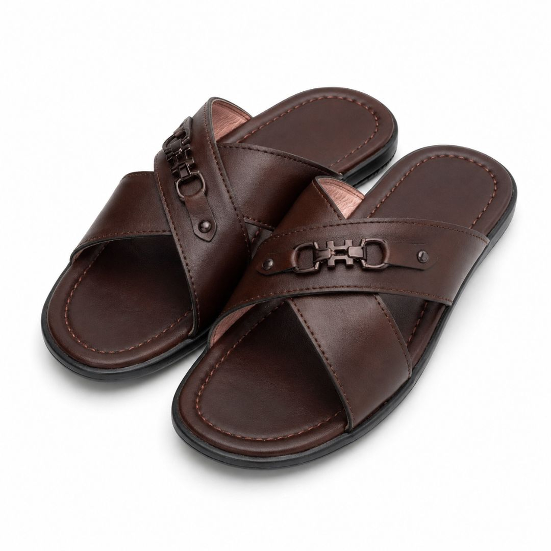 Mens Brown Leather Cross Strap Slip On Shoe