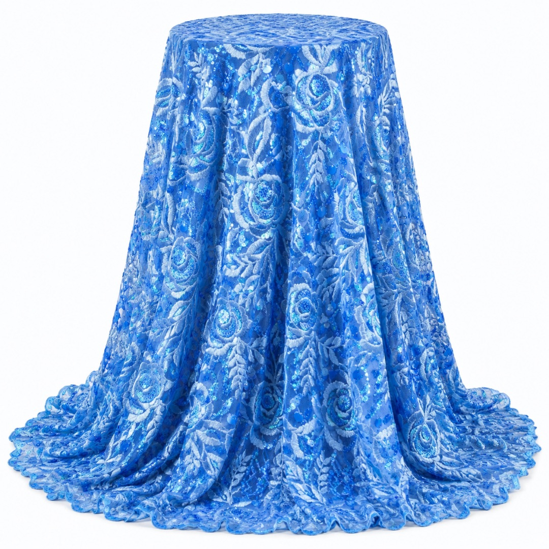 Luxury Sky Blue Floral Sequin Embroidered Lace Fabric