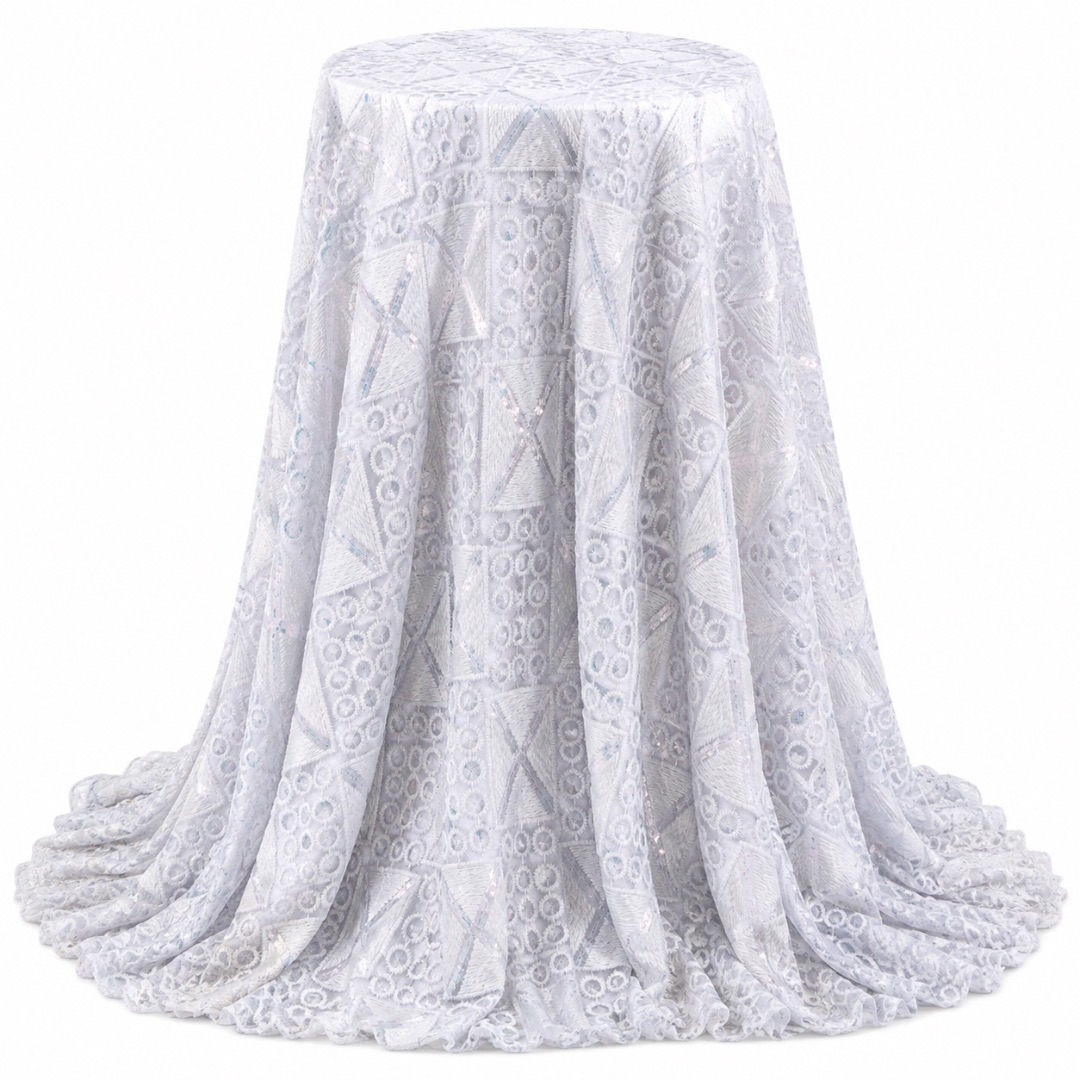 Luxury White Geometric Embroidered Lace Fabric