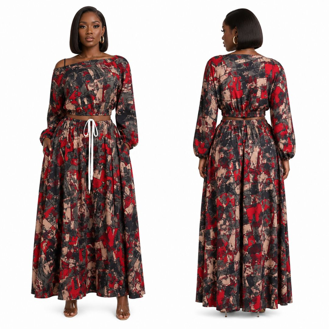 Elegant Abstract Print Two Piece Maxi Skirt Set