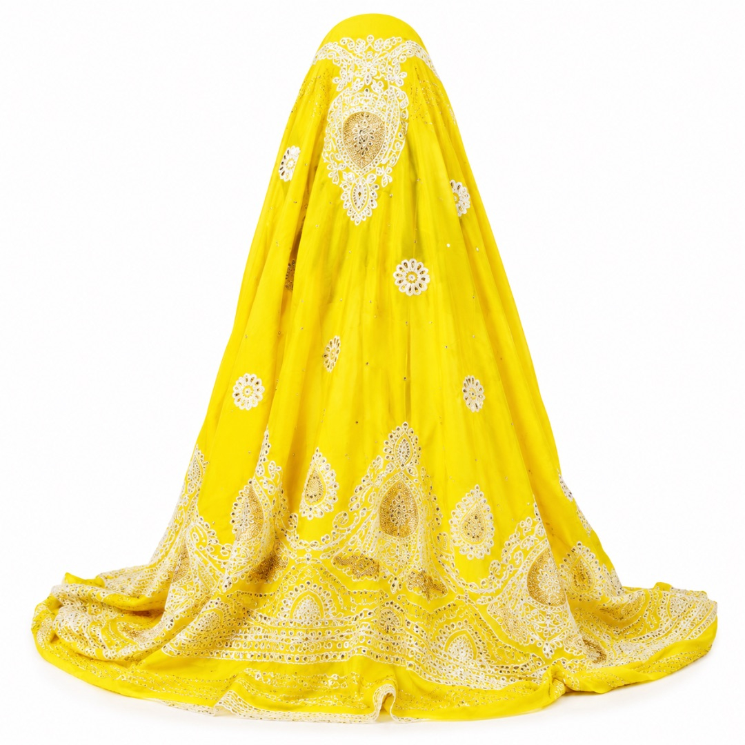 Luxury Lemon Yellow Embroidered George Lace Fabric with Stone Details