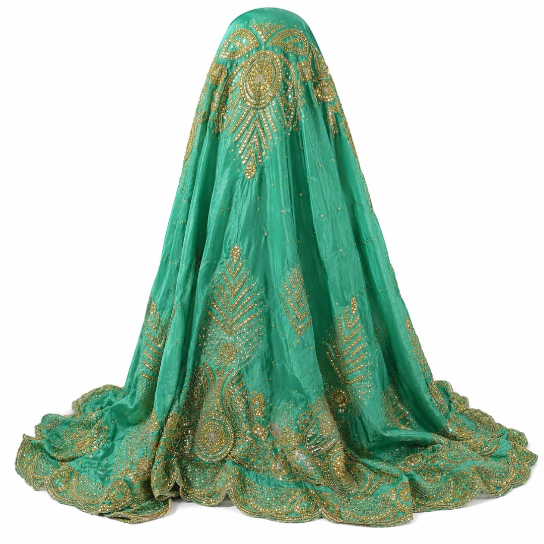 Luxury Mint Green Embroidered George Lace Fabric with Gold Stone Details