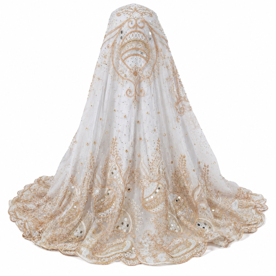 Luxury White and Gold Embroidered  George Lace Fabric with Stone Details