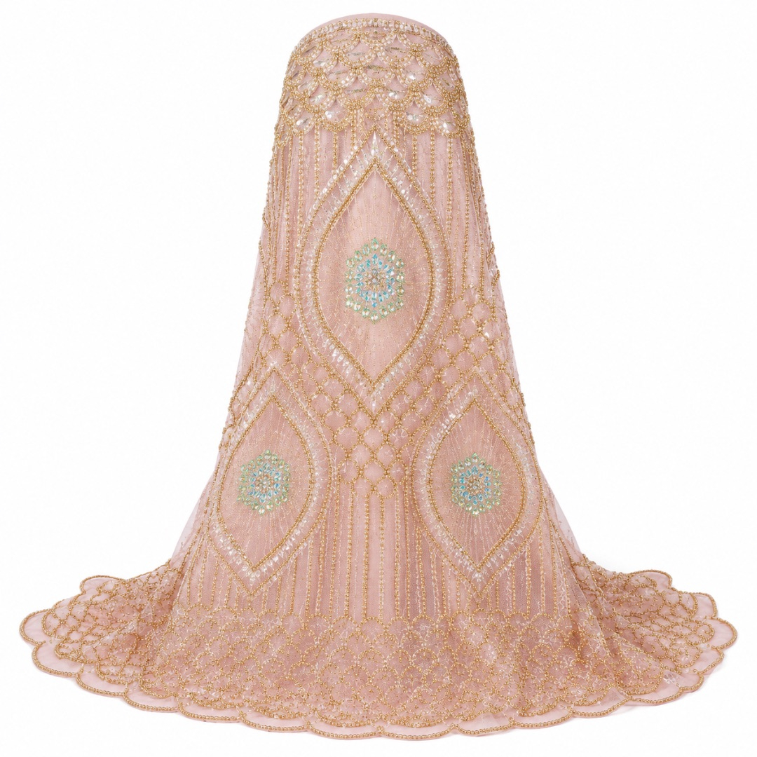 Luxury Blush Pink Embroidered Net George Lace Fabric with Gold Stone Details