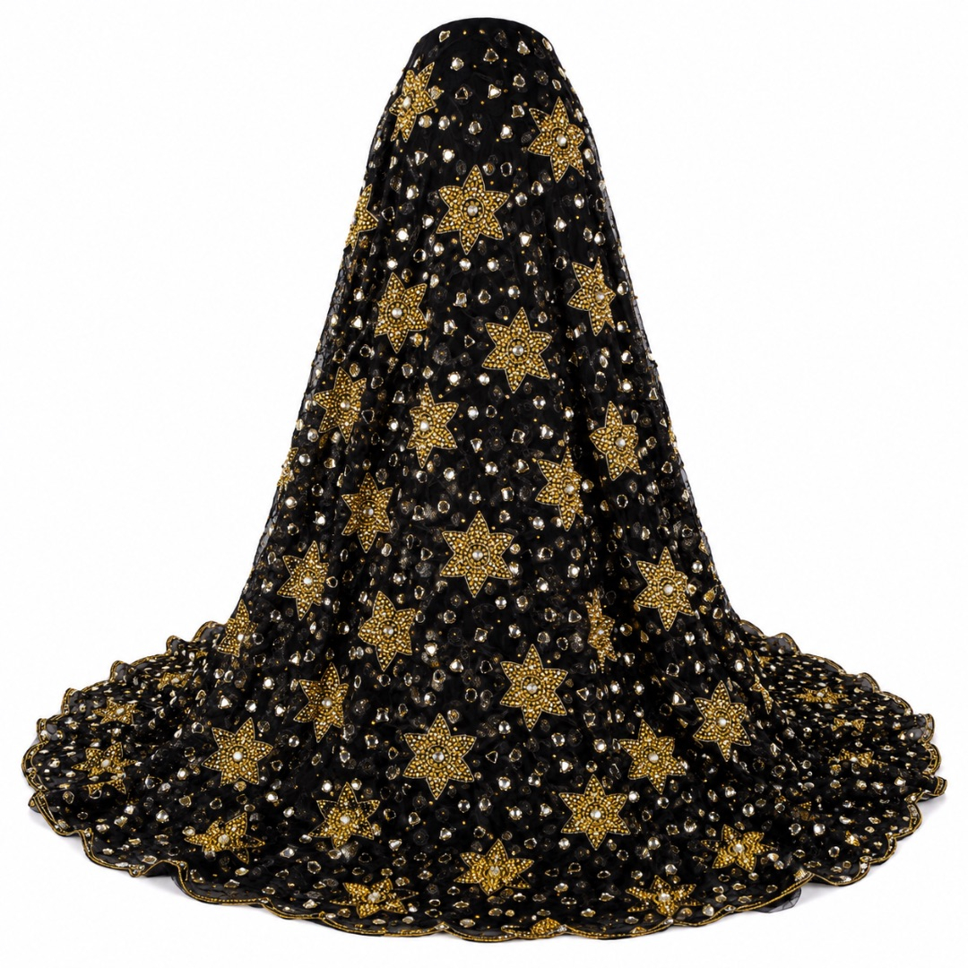 Luxury Black and Gold Star Embroidered George Lace Fabric with Crystal Stones