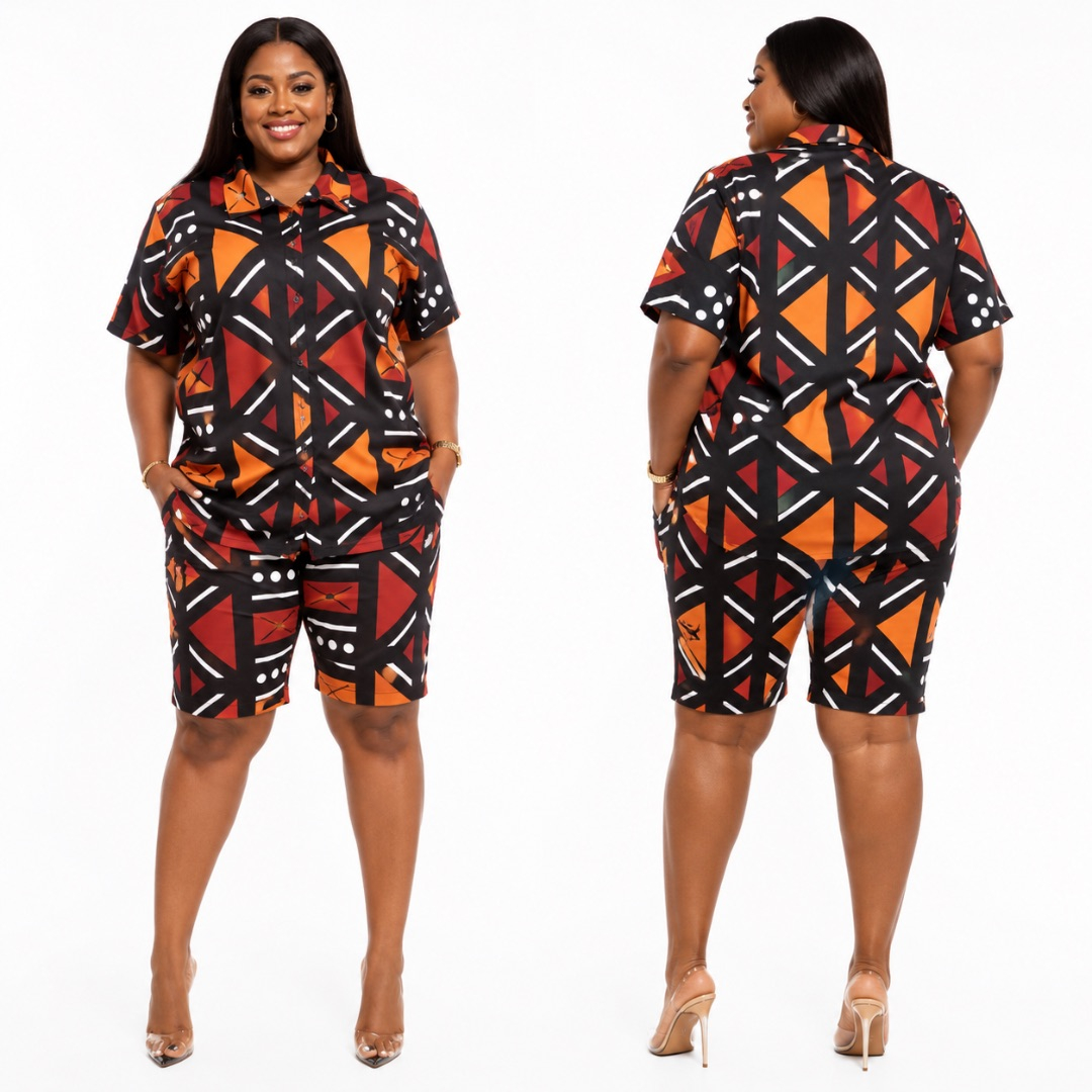Womens Black Orange Geometric Print Shirt Dress