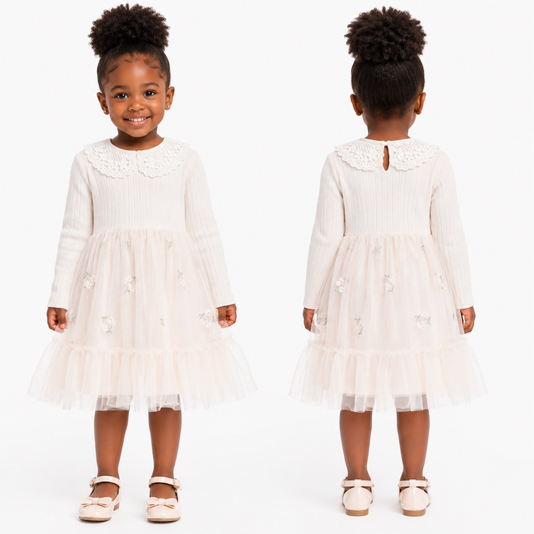 Girls  Blush Pink Lace Collar Tulle Dress