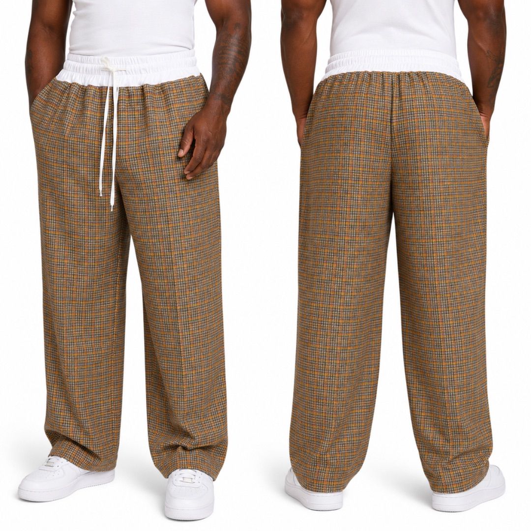 Unisex Brown and Mustard Plaid Palazzo Trousers