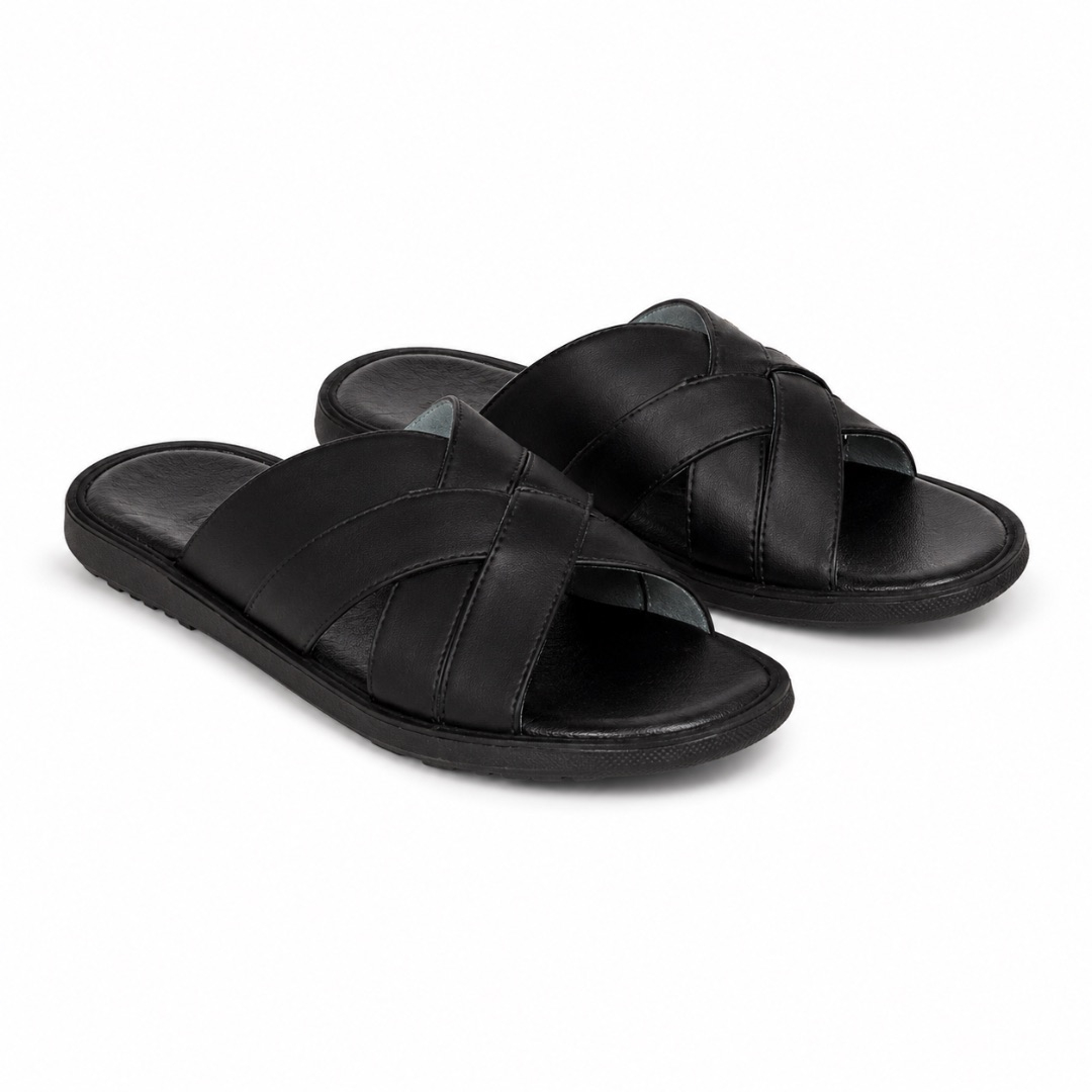 Unisex Black Woven Cross Strap Slide Sandals