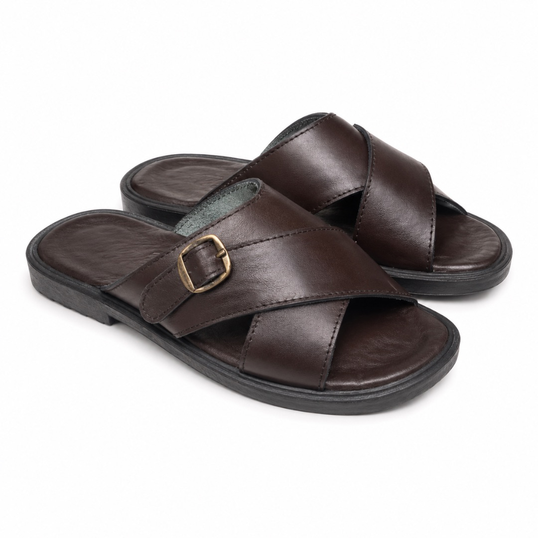 Unisex Dark Brown Buckle Cross Strap Slide Sandals