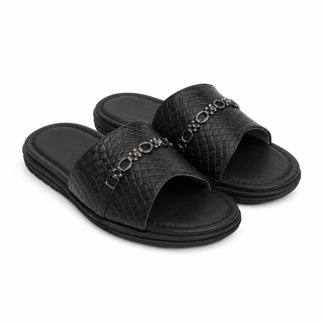 Unisex Black Croc Texture Luxury Slide Sandals