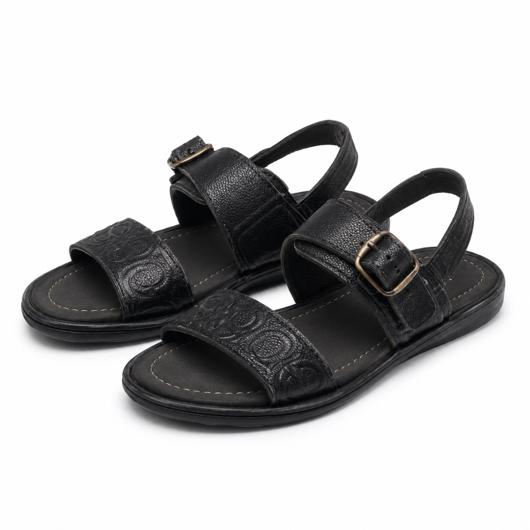 Mens Black Embossed Buckle Strap Casual Sandals