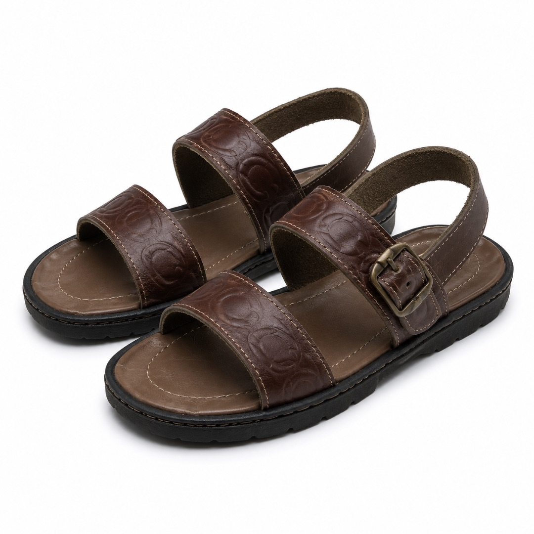 Mens Dark Brown Embossed Buckle Strap Sandals