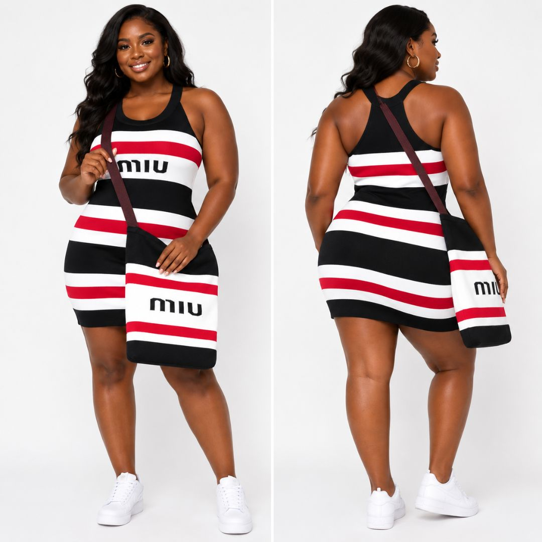 Quality Women Sleeveless Striped Knitted Bodycon Dress with Mini Crossbody Bag