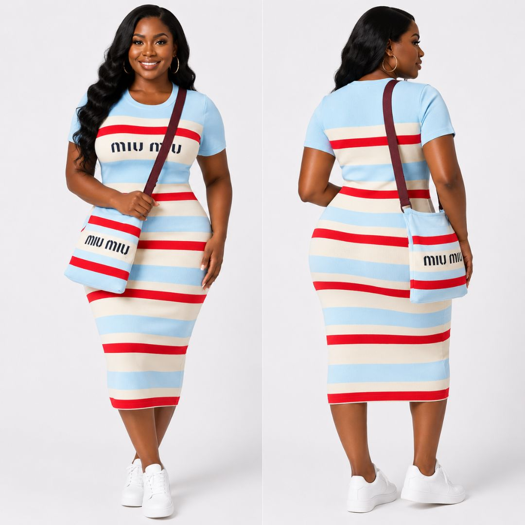 Horizontal Striped Knit Midi Dress and Tote Bag Set