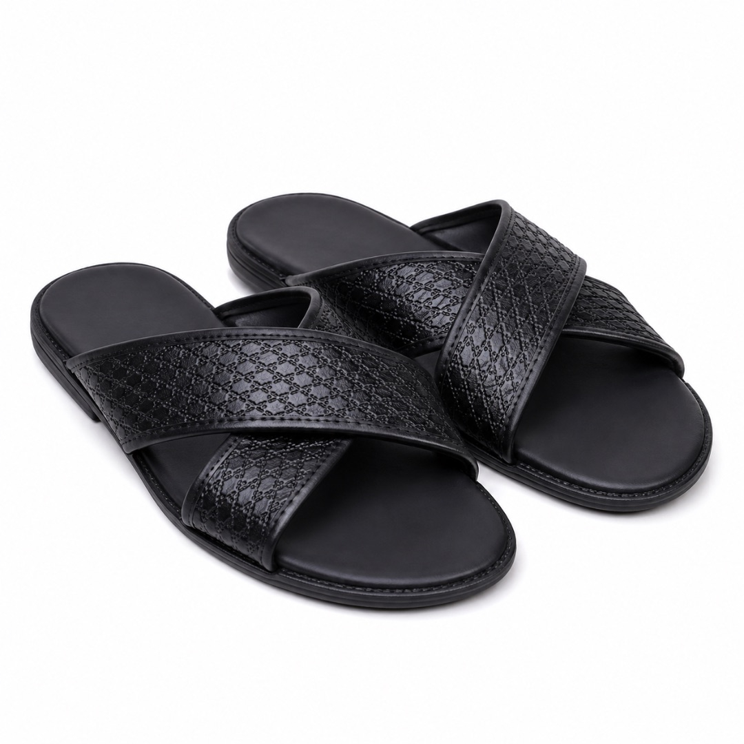 Mens  Black Textured Cross Strap Slide Sandals