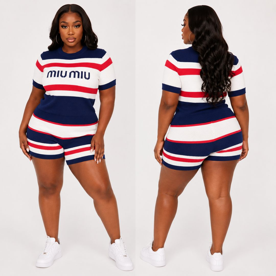 Textured Knit Striped Short Sleeve Top and Shorts Set