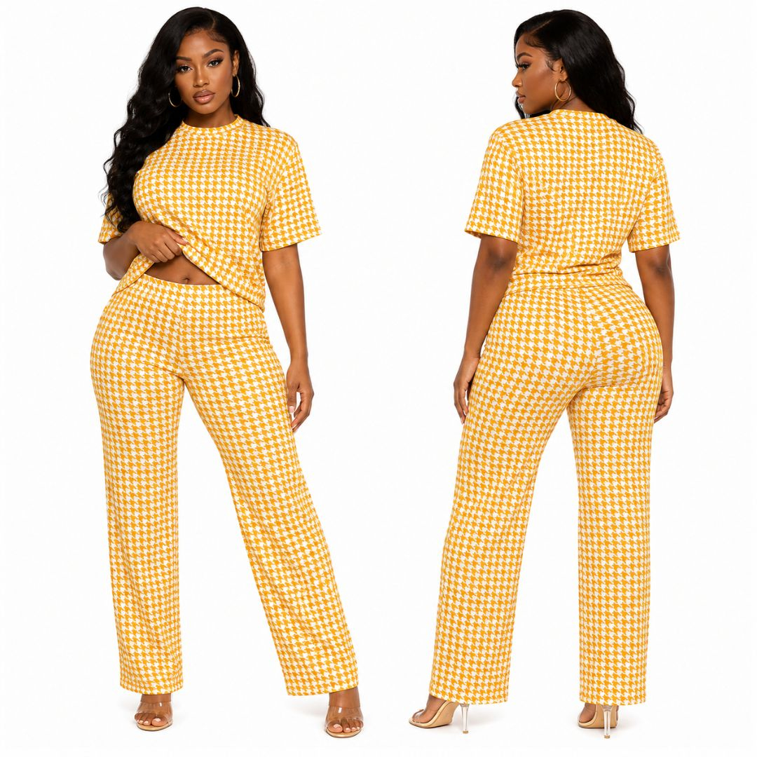 Yellow Houndstooth Two Piece Lounge Set