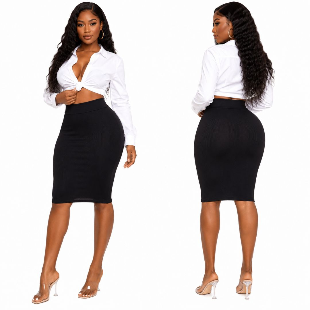 Black Bodycon Midi Skirt Ribbed Stylish Women Outfit