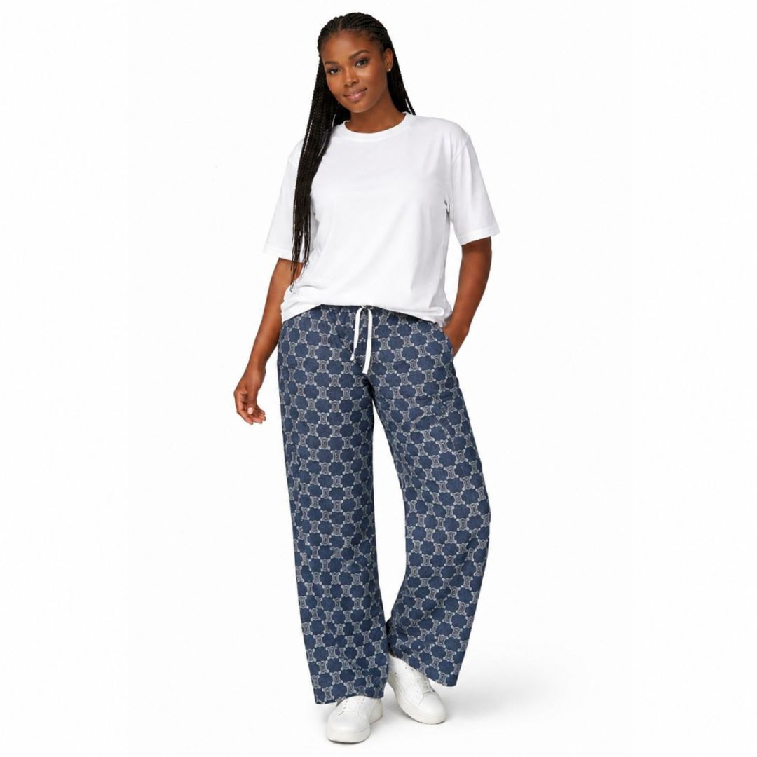 White Graphic T Shirt and Patterned Blue Wide Leg Trousers Set